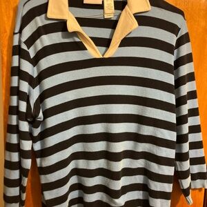 Liz Claiborne Sporty Deep Navy and Blue Striped Rugby Shirt with Cream Collar L
